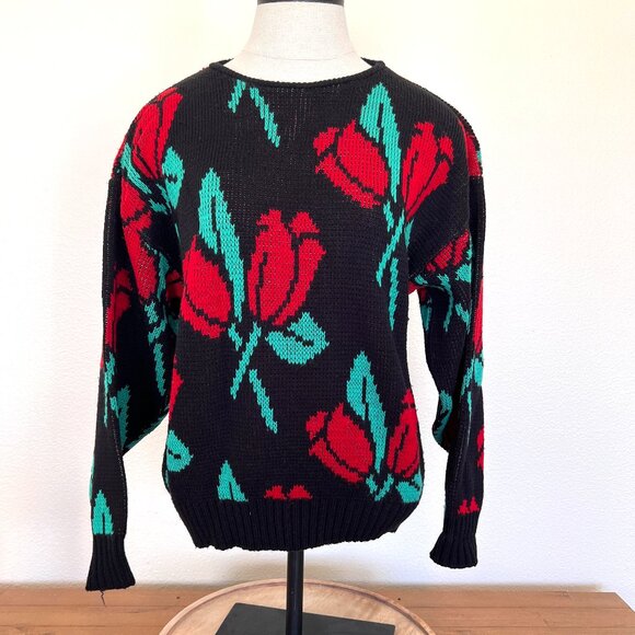 80's Pullover Sweater - Black with Red Roses - Size Medium - Picture 1 of 6